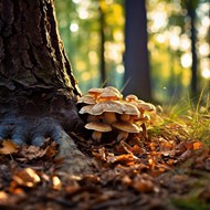 秋天树林地面阳光照耀下的蘑菇群高清图片