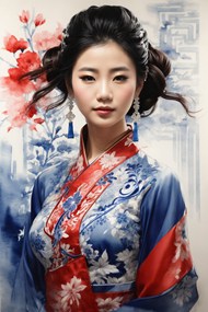 亚洲青花瓷风格盘发美女摄影高清图片