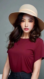 亚洲酒红色T恤戴帽美女高清图片