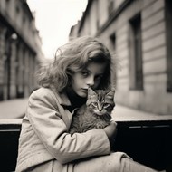 抱着小猫的少女黑白风格写真精美图片