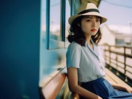 游船上戴帽的日本美女高清图片