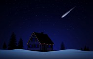 冬季雪地木屋夜空流星雨写真图片大全
