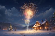新年雪地烟花夜景写真图片下载