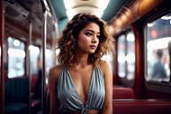 坐在电车上的性感卷发女人精美图片