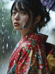 雨中淋雨的日本和服美女图片下载