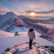 冬季登山看日出人物背影高清图片