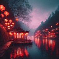 江南水乡新年灯笼夜景写真精美图片