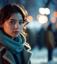 冬季夜晚街头雪花纷飞美女写真高清图片