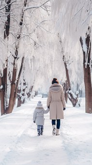 冬季雪地手牵手一起走的母子背影精美图片