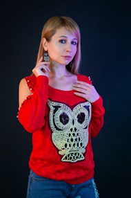 欧美红色猫头鹰图案套头衫美女图片下载