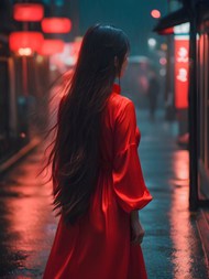 午夜古镇街头古典中国红美女背影图片