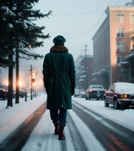 冬天下雪街头人物背影摄影写真图片