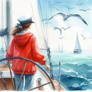 海上游船少女手绘风格插画高清图片
