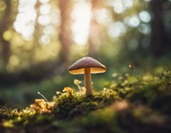 秋天树林地面阳光微微照耀的蘑菇图片大全
