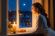 欧美美女站在窗台点燃蜡烛看风景图片下载