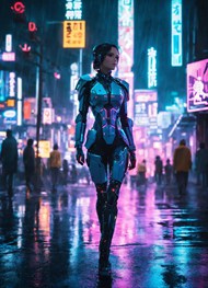 夜晚街头行走在人群中的3D机器人美女高清图片