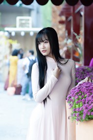 越南粉色奥黛旗袍美女街拍写真高清图片