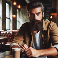 一个坐在咖啡馆里的大胡子帅哥图片大全