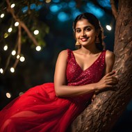 夜晚坐在树上的印度红色婚纱美女精美图片