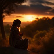 日暮黄昏美女坐在山野户外祷告高清图片