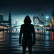 都市人物站在城市夜景中写真图片