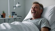 医院病床上哈哈大笑的男子精美图片