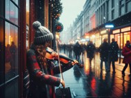 冬季雨夜街头美女拉小提琴图片大全