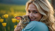 抱着可爱兔子的欧美美女精美图片