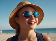 海边沙滩戴沙滩帽墨镜的美女高清图片