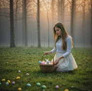 复活节彩蛋兔子树林美女精美图片