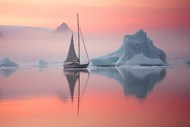 日暮黄昏冰山湖泊帆船风光写真精美图片