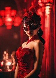 戴着面具的红色晚礼服美女精美图片