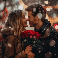 冬季浪漫雪天情侣鼻尖吻写真图片