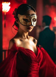 化妆舞会戴着面具的红裙美女图片下载
