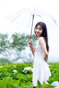 雨中撑伞白色连衣裙美女写真图片大全