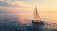 黄昏海上远航的白色帆船精美图片