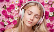 戴着粉色耳机听音乐的美女图片下载