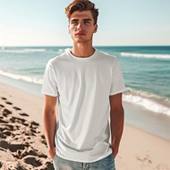 夏日海边沙滩白色T恤帅哥摄影图片