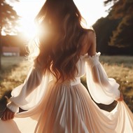 清晨迎着晨光的白裙美女背影高清图片