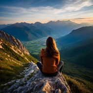 美女坐在山顶之巅冥思俯瞰风景精美图片
