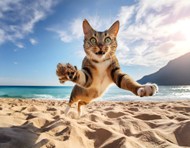 蓝色天空海边沙滩小猫写真精美图片