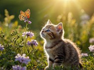 阳光下花草丛蝴蝶小猫写真高清图片