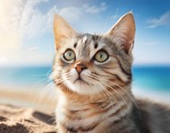 海边沙滩仰望天空的小猫咪图片大全