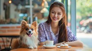 美女和狗狗坐在咖啡店写真图片下载