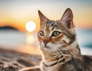 日暮黄昏海滩萌猫摄影写真图片下载