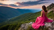 坐在高山上的粉色裙装美女背影高清图片