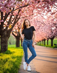 欧美户外粉色樱花林美女摄影写真图片