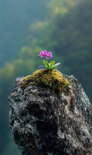 悬崖峭壁岩石青苔蝴蝶兰图片下载