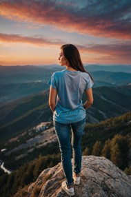 黄昏美女站在山顶俯瞰风景背影高清图片