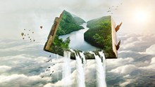 漂浮在空中的书本里的自然风景创意合成分层psd免费下载